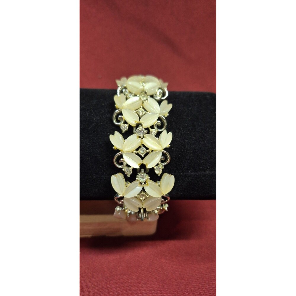 Vintage 1950s Thermoset Leaf Rhinestone Cluster Panel Link Bracelet Cream White